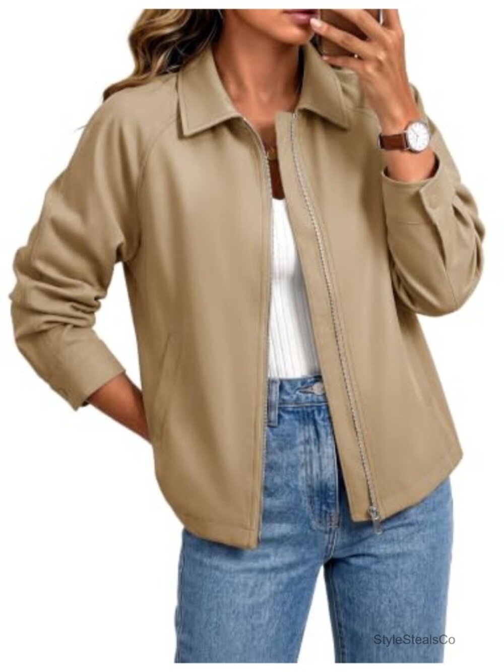 Women's Crop Jacket Casual Lapel Zip Up Trench Coat with Pockets